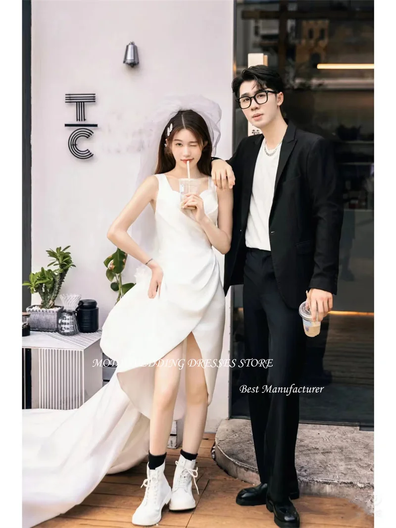 MODX Simple Soft Satin Split Wedding Dresses Straps Plain Tea-Length Short Bridal Gowns Formal Party Dress Korea Photo shoot
