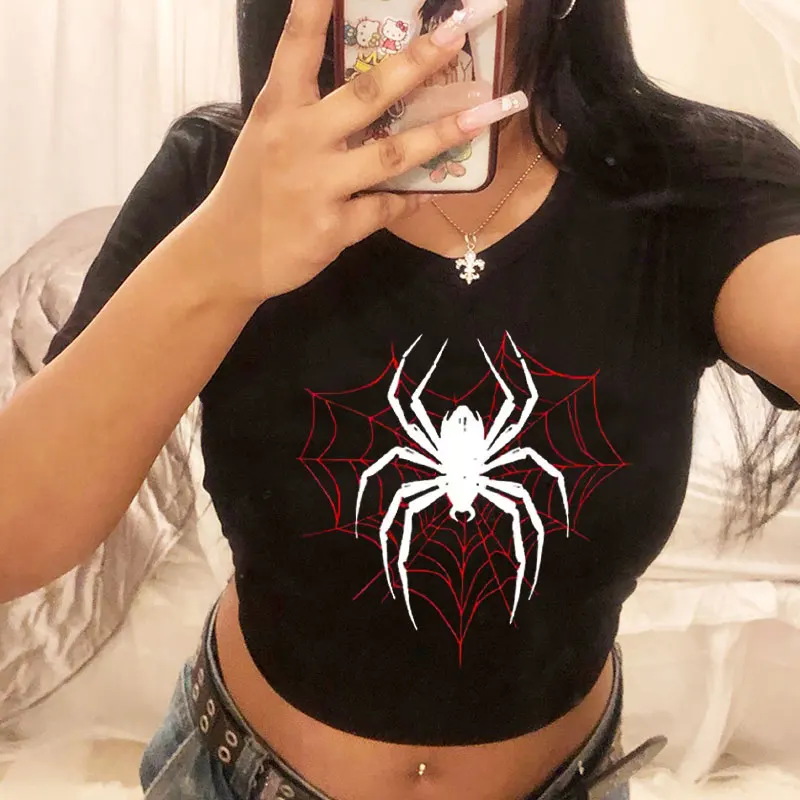 Summer Outfit Gothic Spider Print Pattern Short Sleeve O Neck Sexy Cropped Navel Women Crop Tops Fashion T-Shirt