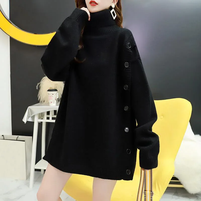 Woman Autumn New Warm Pullover Sweater Fashion Casual Korean High-necked Tops Black Gray Winter Loose Knitted Clothes Women