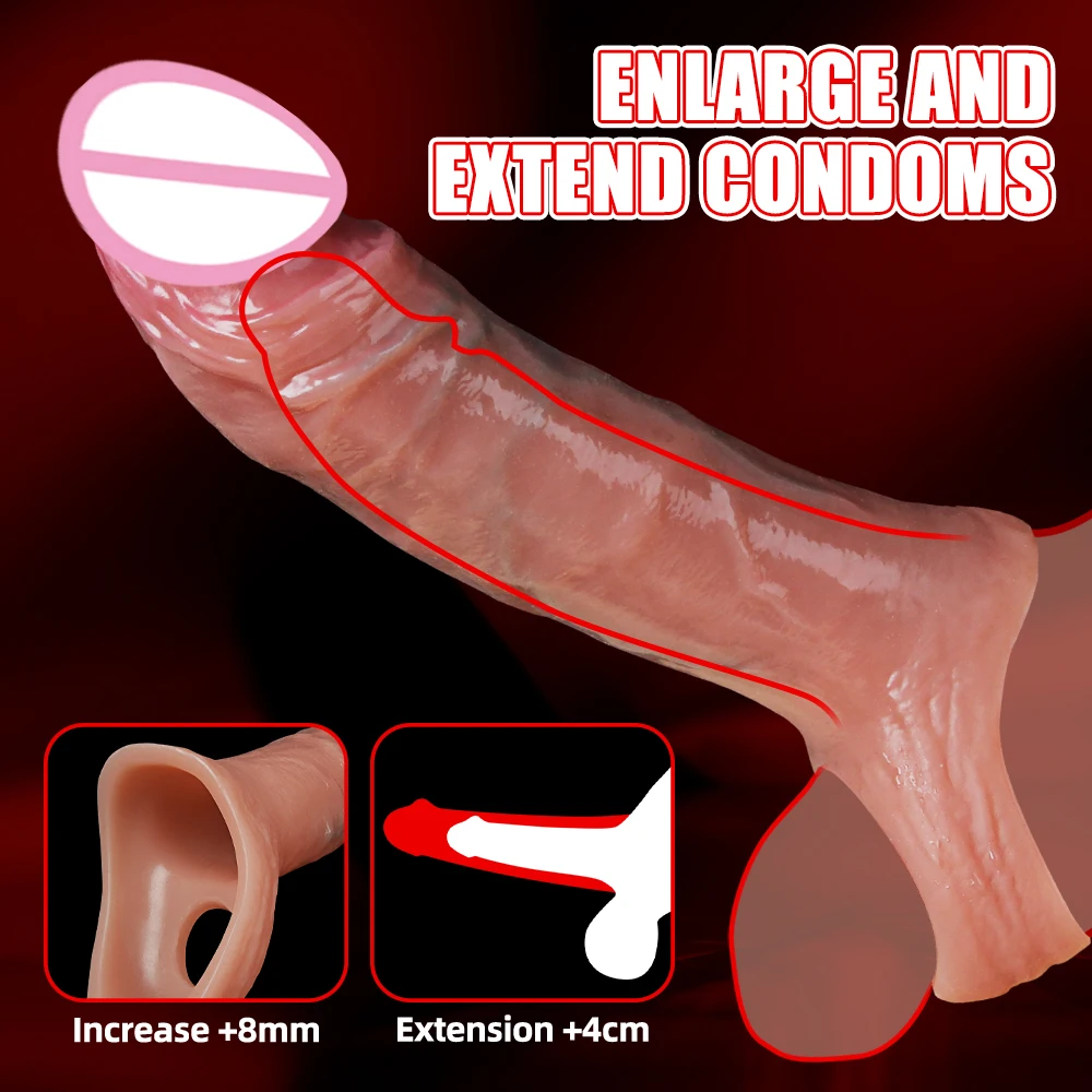 Men Realistic Penis Sleeve Penis Cover Reusable Condom Cock Extender Enlargement Sleeve Men Dick Sleeve Sex Toys Adults Products