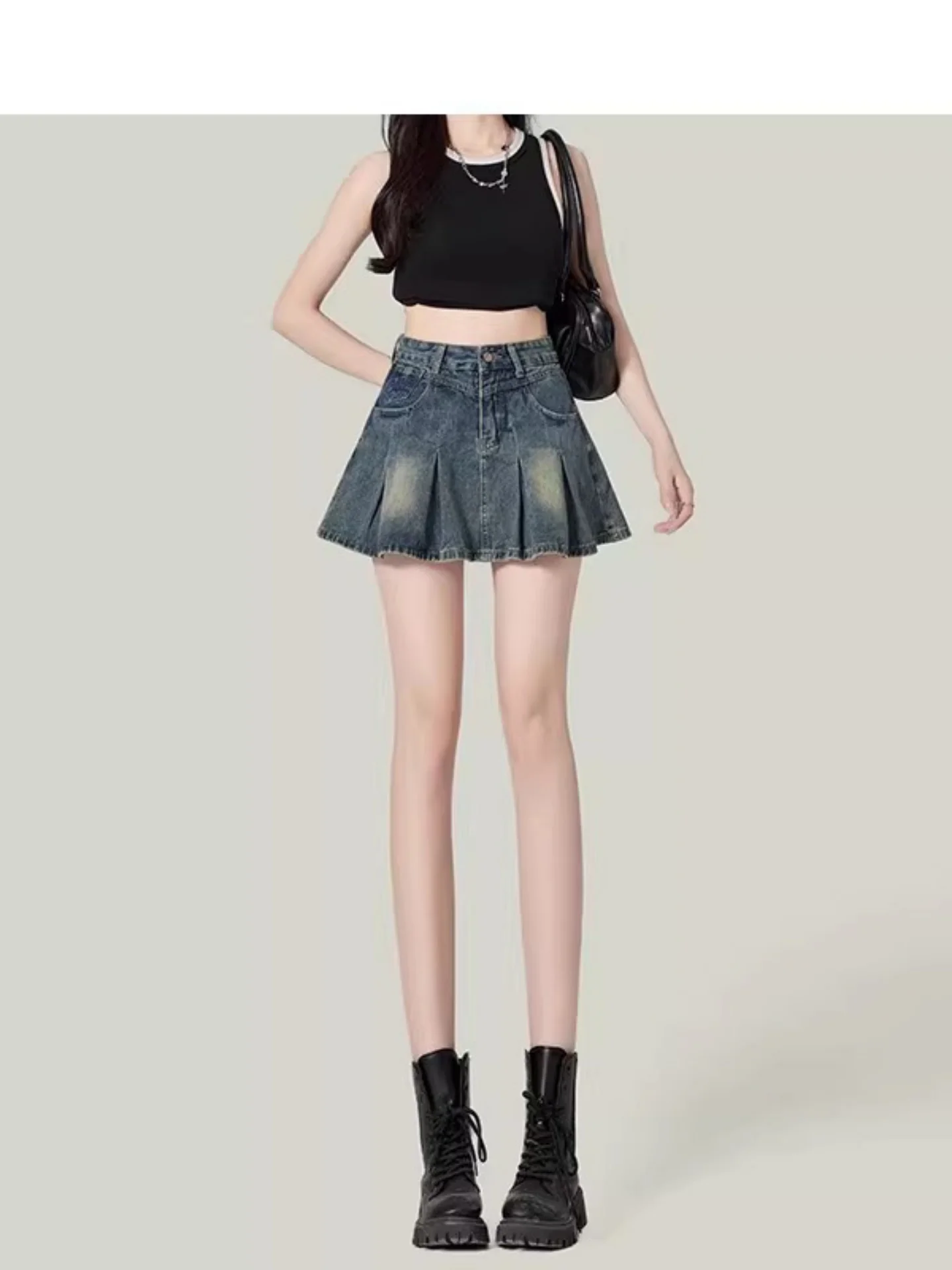High Waist American Retro Blue Hot Girl Denim Skirt Women's Summer A-Line Fluffy Skirt Pear Shape Semi-Body Skirt