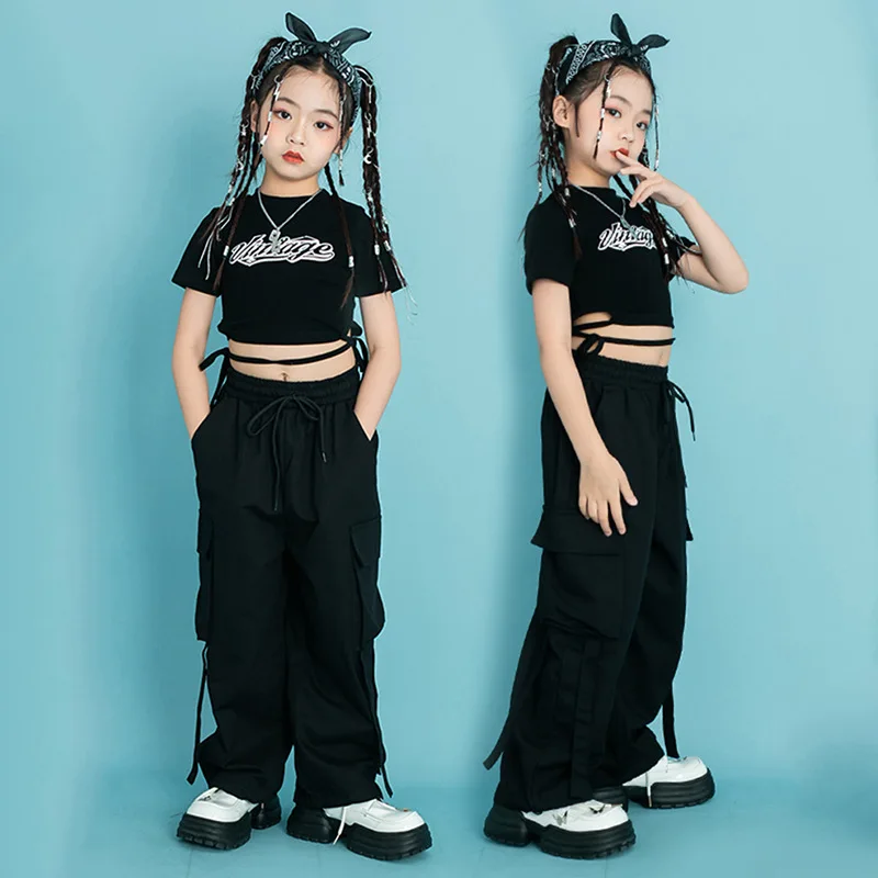 Kid Cool Hip Hop Clothing Lace up Black Crop Top T Shirt Strap Casual Street Cargo Pants for Girls Jazz Dance Costume Clothes