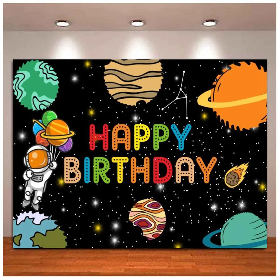 Photography Backdrop Cartoon Astronaut Kids Birthday Party Universe Planet Glossy Baby Star Custom Portrait Photo Background