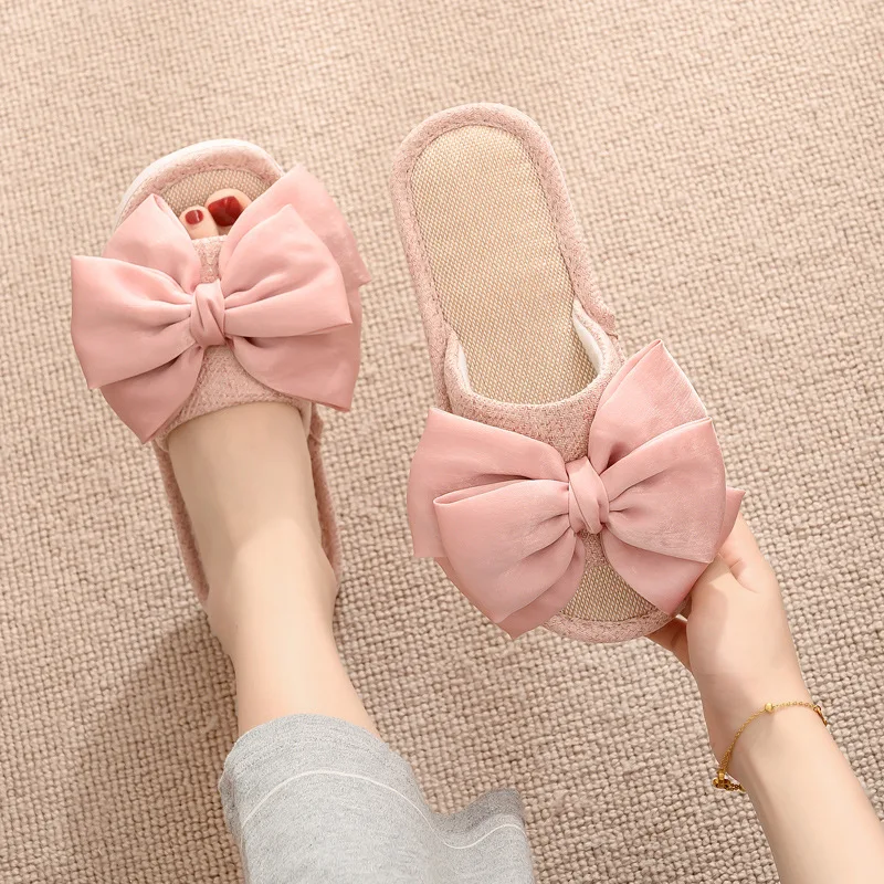 New Fashion Linen Slippers Women's Silk Bow Cotton and Linen Slippers Women's Indoor and Home Wear Cool Slippers Outside