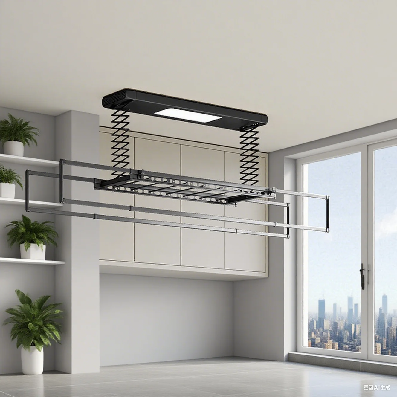 Rack de secagem de teto de varanda integrado ultrafino com operação inteligente ativada por voz