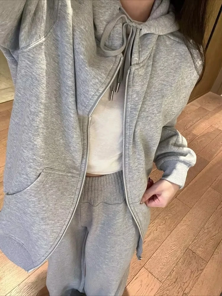 Fashion Cotton Pocket Women's Sweatshirt Spring Korean Loose Casual Grey Sport Hoodies Coat Women Black Zipper Hooded Jacket