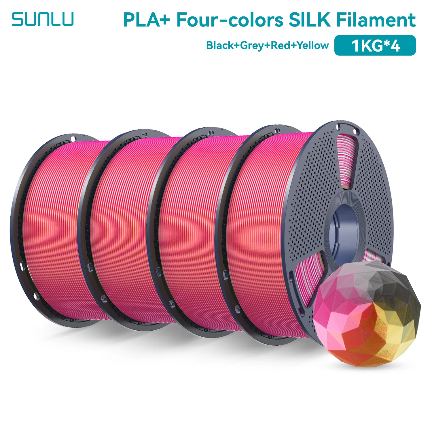 SUNLU 4KG viervoudig kleuren zijdefilament, zijde 3D-printer 1,75 mm, dimensionale nauwkeurigheid +/- 0,02 mm, 1 kg spoel (2,2 lbs), 4 rollen