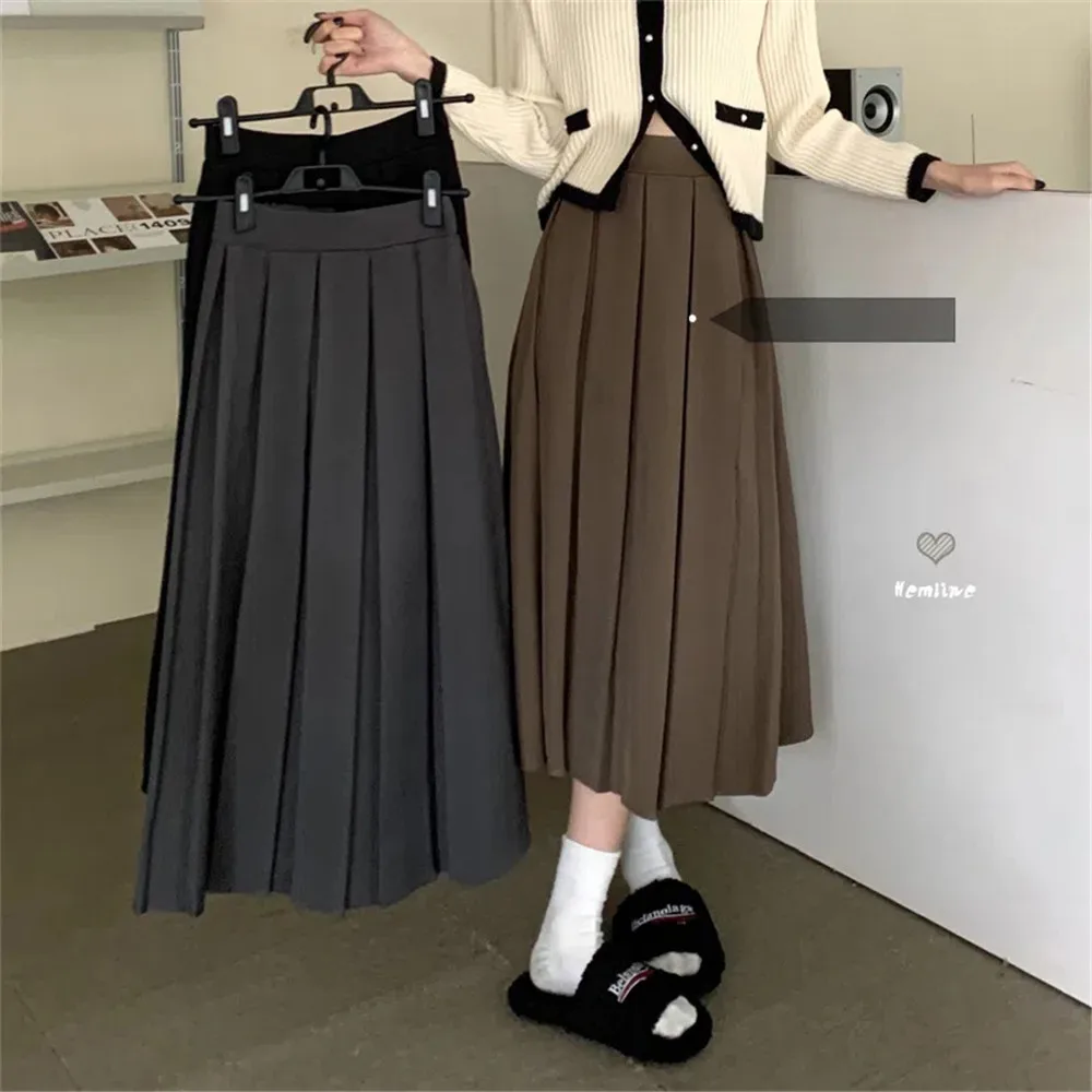 

Students Long Pleated Skirt Women Brown Korea Fashion Autumn High Waist Black Midi Skirt Preppy Elegant A Line Girls Skirts Gray