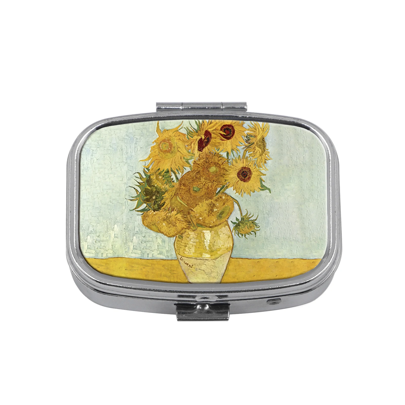 2 Compartments Metal Pill Box, Van Gogh Sunflower Print Portable Pocket Pill Case, Mini Travel Medicine Storage Container