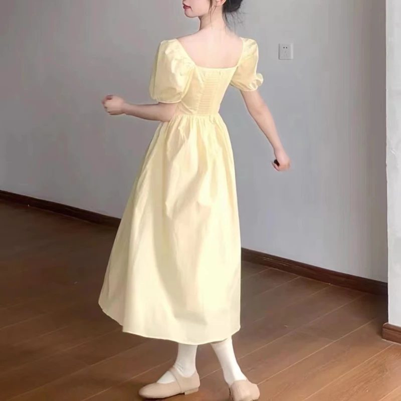 Y2k Summer Fold Yellow Dress French Puff Sleeve Dresses One Piece Slim Dress Women\'s Long Dresses Solid Casual Fashion Clothes