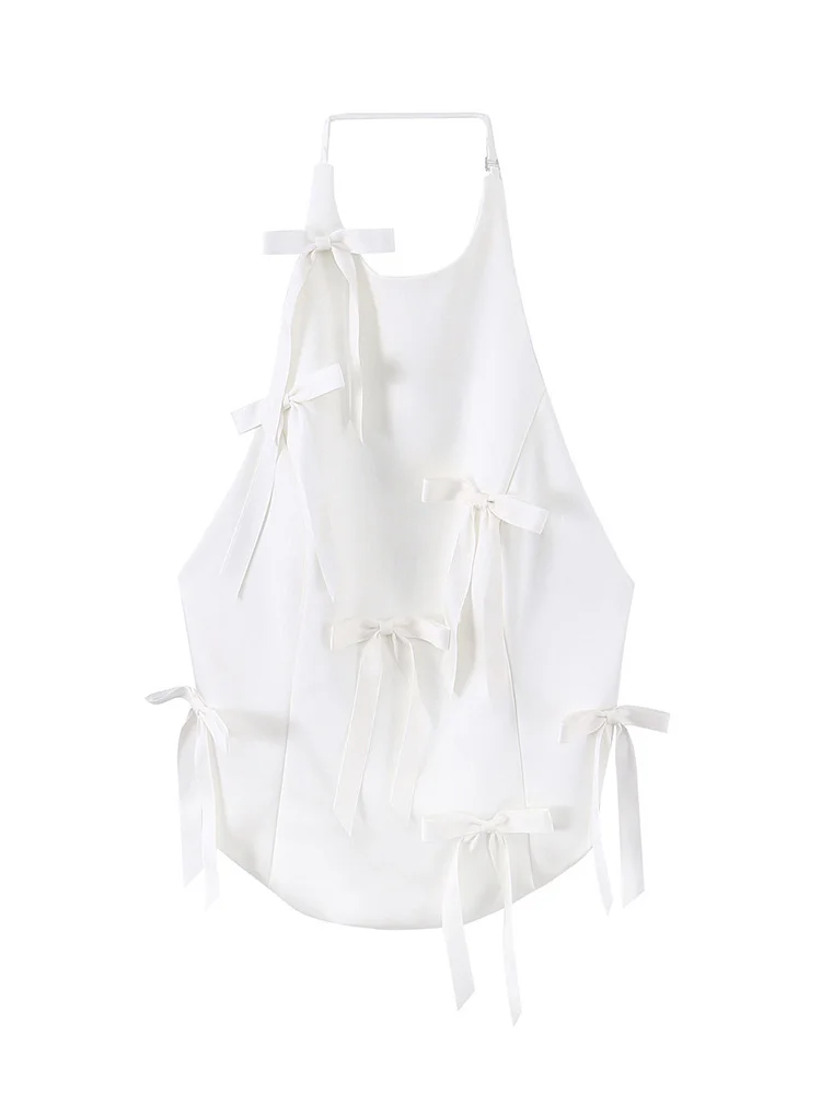

HH Women Fashion Bow Decorated Sexy Sleeveless Backless Halter Neck Top Female Summer Chic Solid Casual High Street Short Top