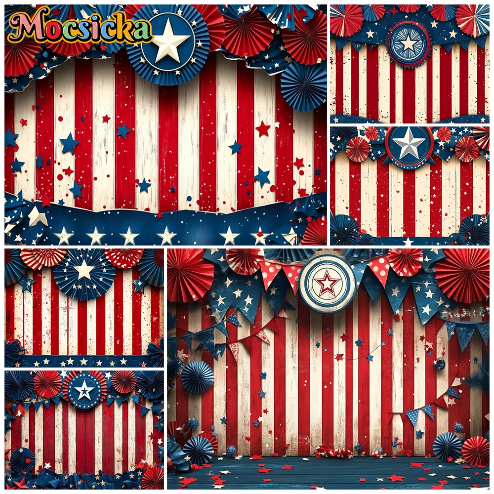 Mocsicka Vintage Red White Striped Photo Backdrop Paper Fan Star 4th Of July Independence Day Patriotic Photography Backgrounds