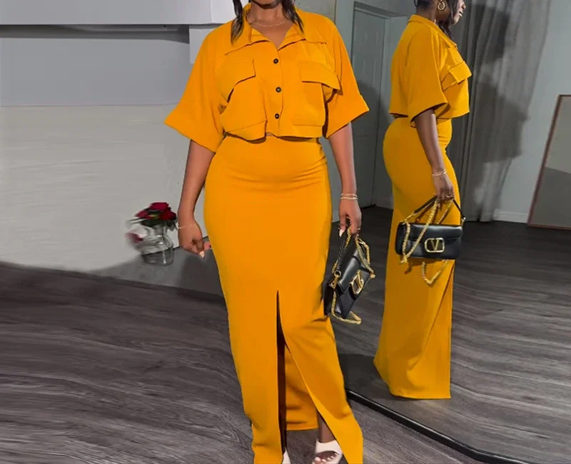 Fashion Two Piece Skirt Set Women NewPolo Neck Short Shirt Top and Split Wrap Hip Skirt Suit for Female Streetwear 2024 Summer