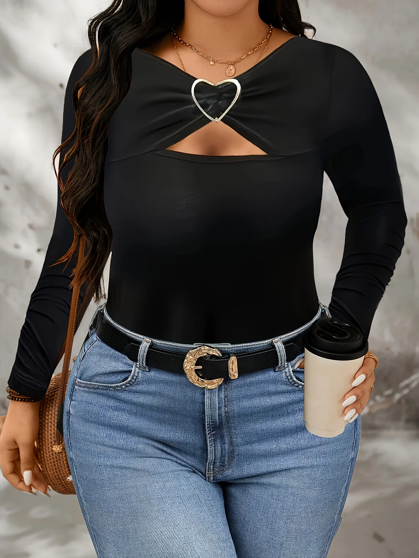 

Women's Heart - Detailed Cutout Long Sleeve Top V - Neck Bodycon Blouse