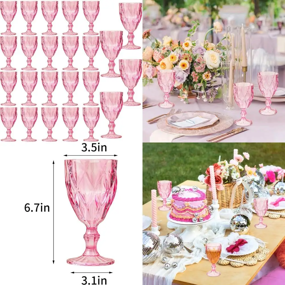 

Reusable Plastic Stemmed Wine Glasses, 12 Ounce Capacity, Colored Goblets with Embossed Pattern, Unbreakable Vintage-Style Drink