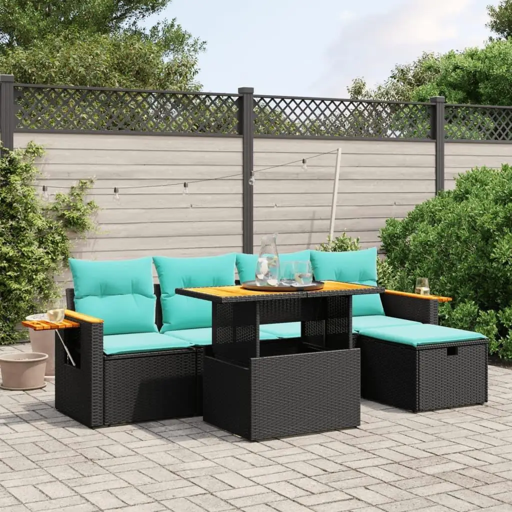 

6 Piece Outdoor Rattan Patio Sofa Set with Cushions Black Stylish Garden Furniture