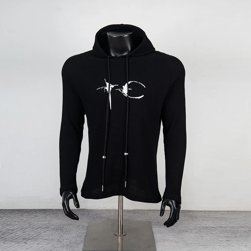 High Street Solid Color Metal Logo Pullover Hooded Tshirts Mens and Womens Vintage Casual Loose Long Sleeve Shirts Oversized