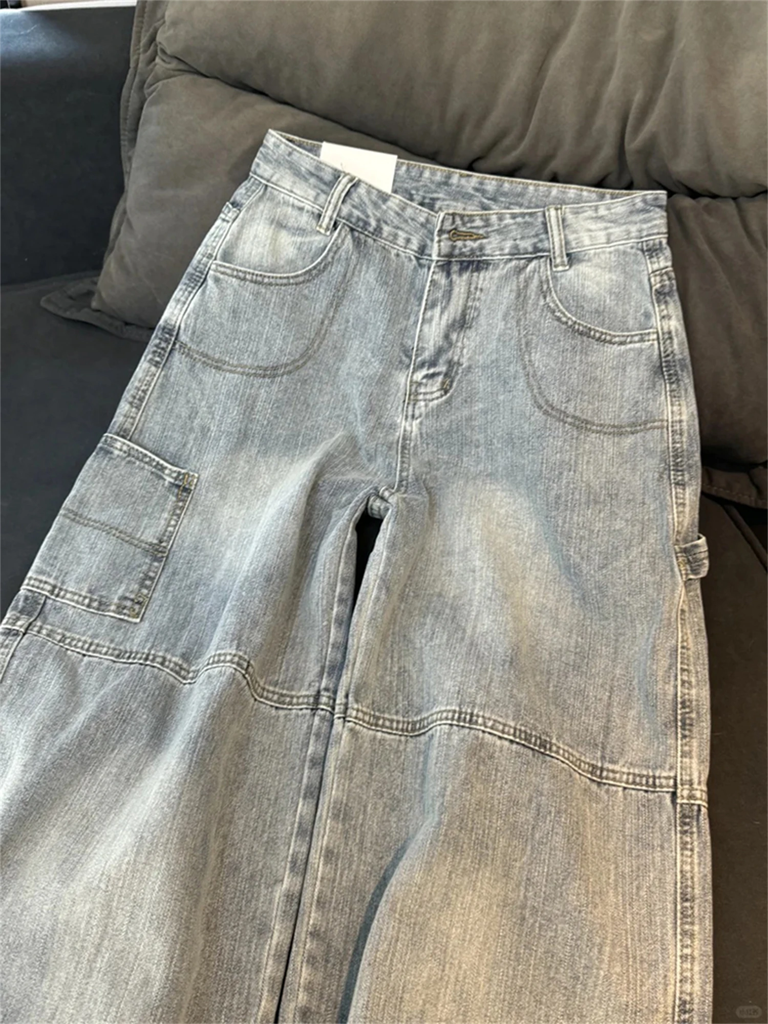 Women's High Waist Wide Leg Light Blue Jeans Multi-Pocket Letter Print Vintage Washed Y2K Streetwear Loose Denim Trousers
