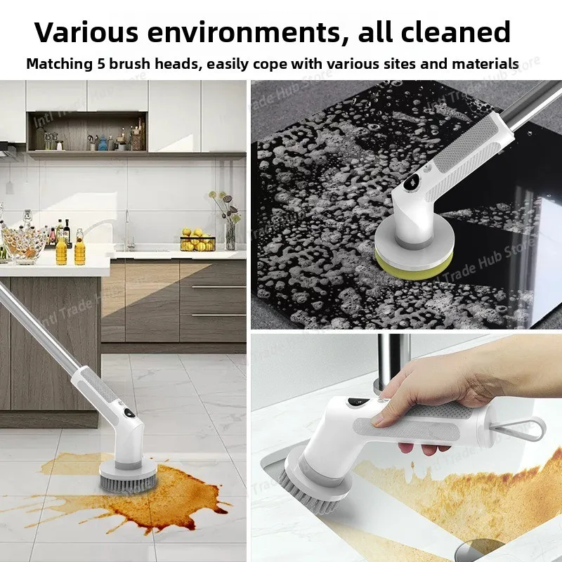 Multi-Functional Flexible Electric Cleaning Brush HD Display Adjustable Handle Household Cleaning Tool Intelligent Spin Scrubber