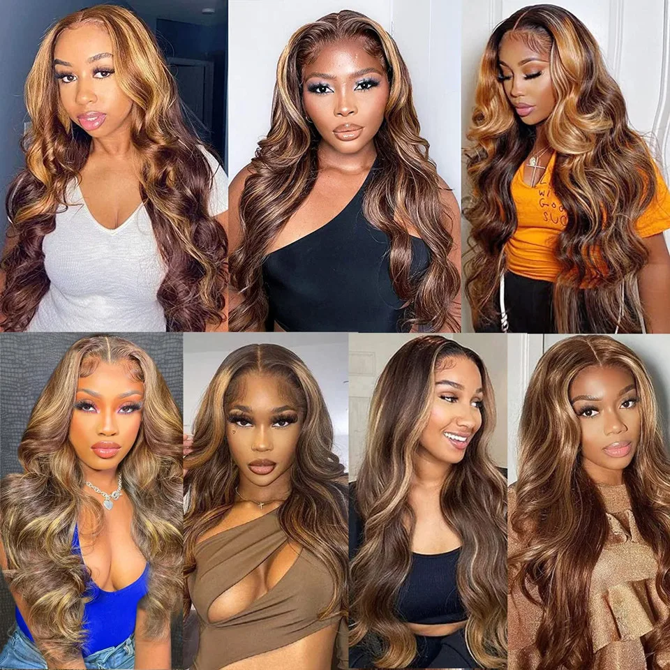 Glueless Full Lace Wig com elástico, Honey Blonde Highlights, marrom escuro, enraizado, HD, invisível, transparente