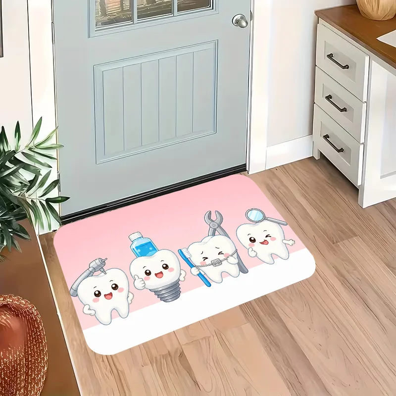 Smile Bright Dental Care Floor Mat Mint Toothbrush Paste Non Slip Entrance Rug For Hygiene Theme Home Entryway Decor