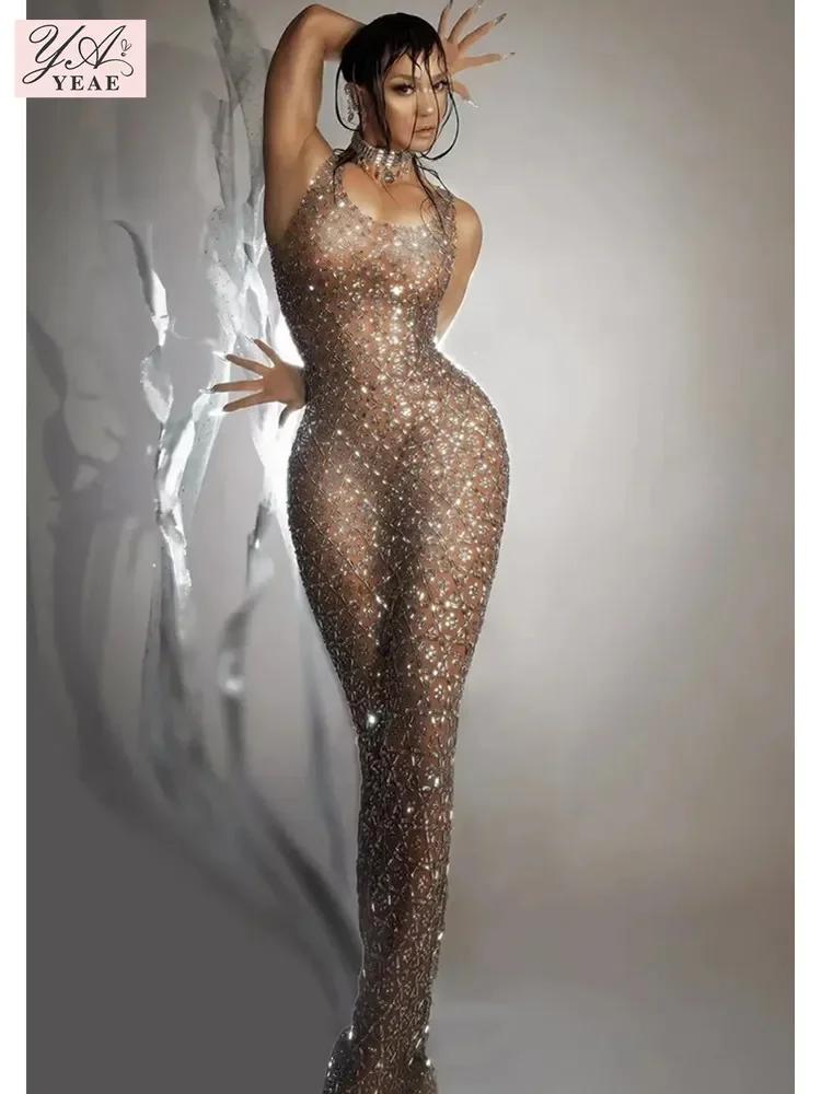 Stock Women Luxury Sexy Mesh Crystal Diamonds Maxi Long Dress Birthday Party Costume Bar Nightclub Stage Performance Dress