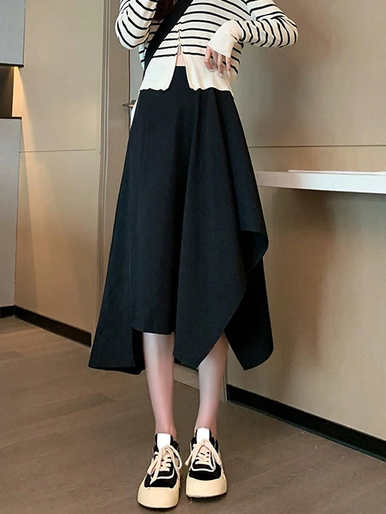 أنيق الصلبة الأسود غير النظامية التنانير للنساء Preppy المدرسة نمط عالية الخصر ألف خط تنورة طويلة ملابس امرأة التنانير النسائية