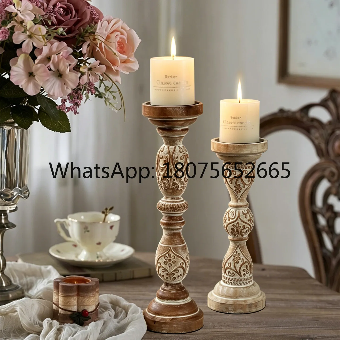 Retro solid wood candlestick engraved and old decorative candlestick holder dining table side cabinet ornament props
