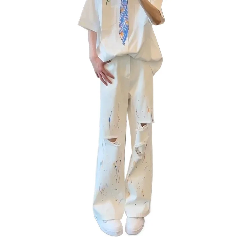 Summer White Perforated Graffiti Splashed Ink Jeans Men Student Trend Loose Straight-leg Pants Fashionable and Casual 2026 New