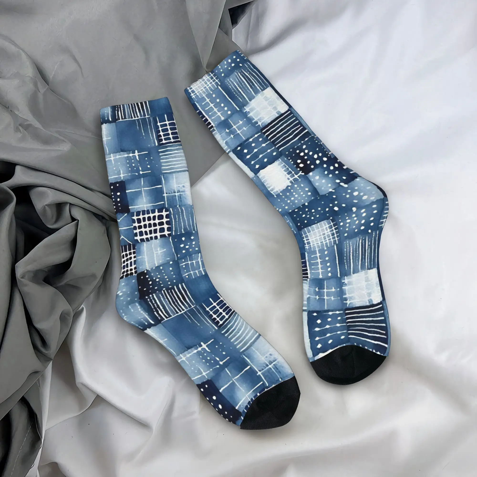 Shibori Indigo Mudcloth Quilt Patchwork  No Stockings  Modern Socks Adults Men High Quality Socks Winter Running Non-Slip Socks