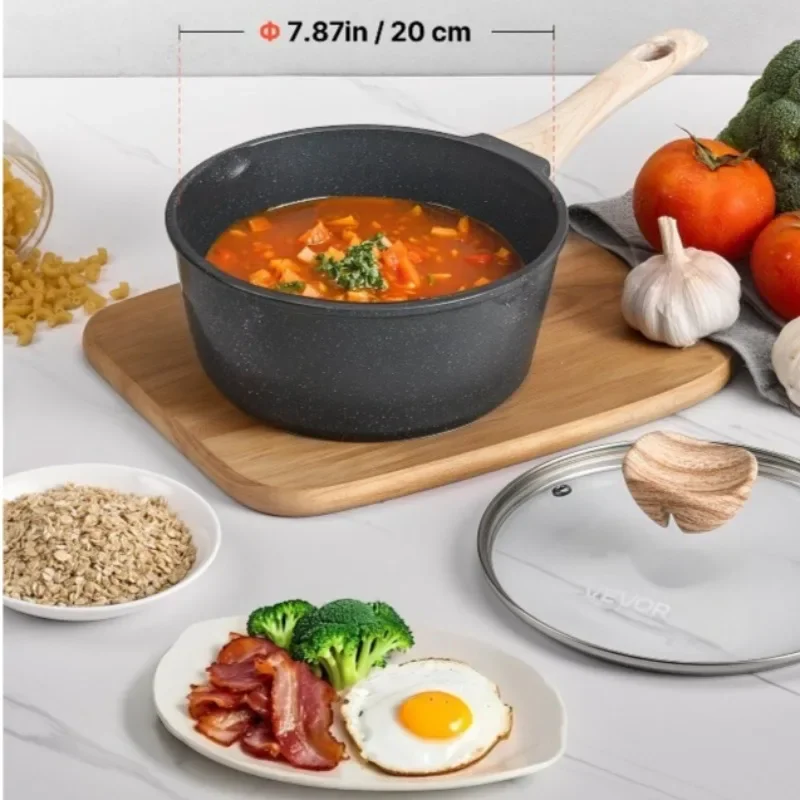 

2.5 QT Nonstick Saucepan with Tempered Glass Lid & Detachable Handle Induction Compatible Black Multipurpose Cooking Pot
