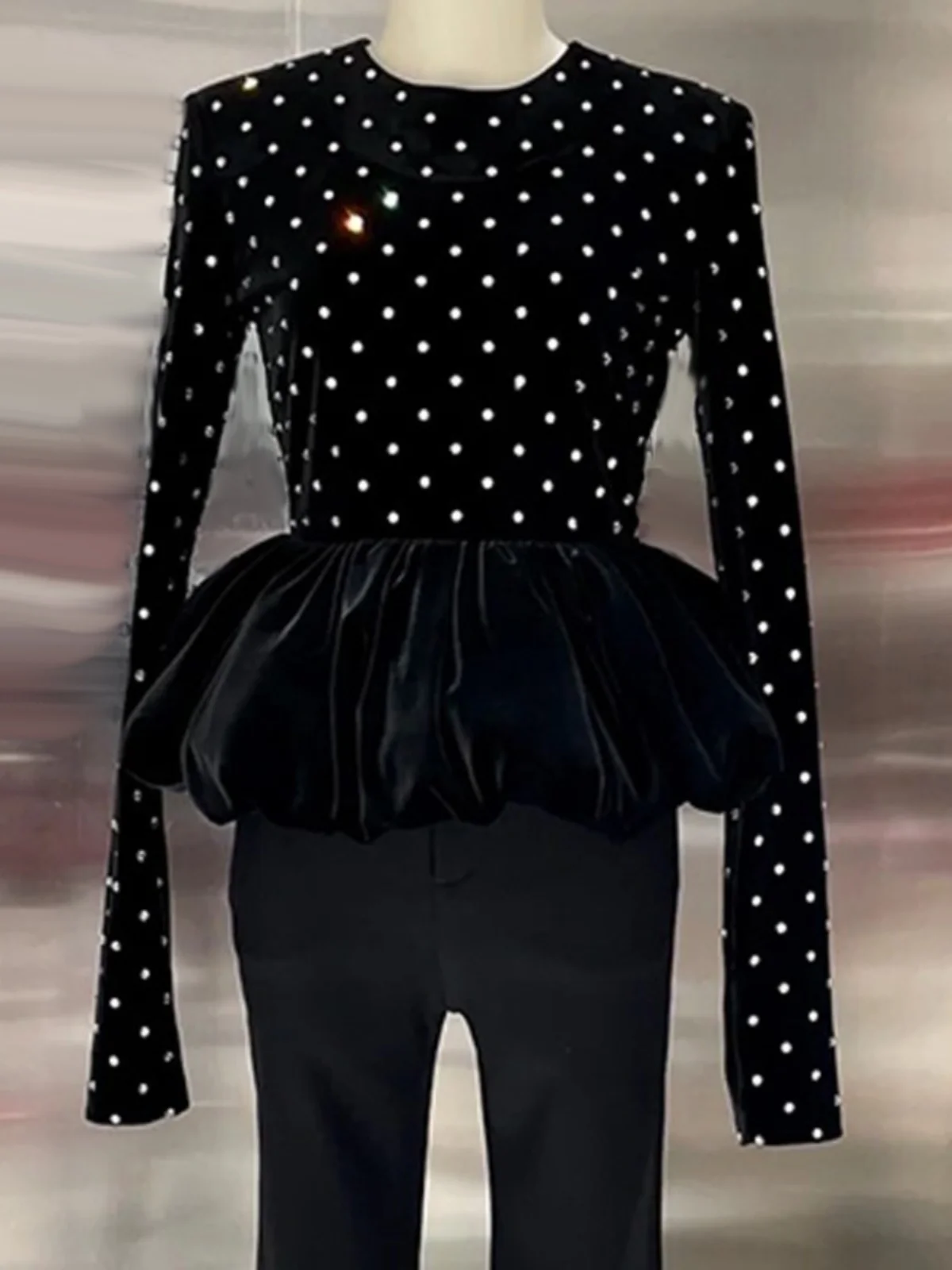 

Heavy Embellied Diamond Puffy Flower Waist-Cinching Long Sve Base irt Spring New Design Sensation Youthful Versatile W...