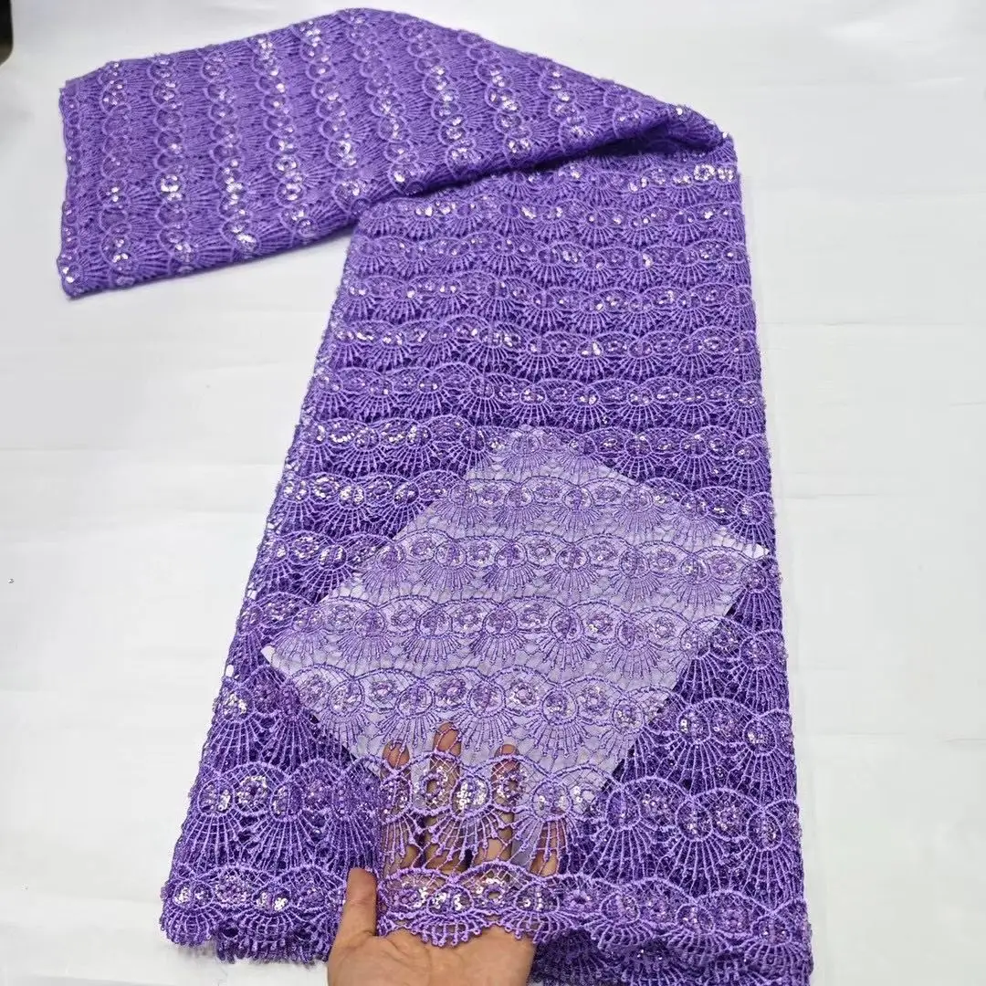 

5 Yards Purple African Guipure Lace Fabric With Sequins Embroidery Cord Mesh Water Soluble Materials For Women Dress DW20