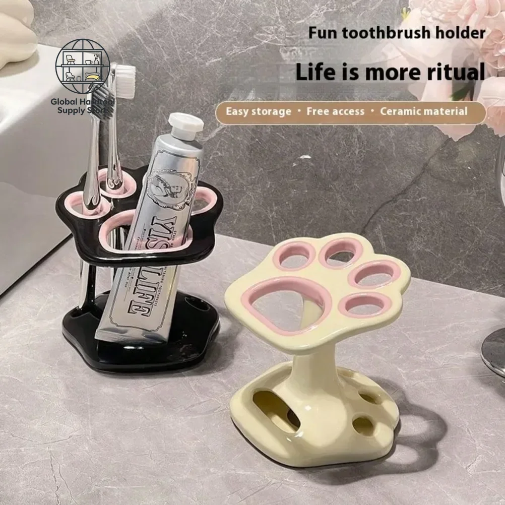 Cat Paw Shape Ceramic Toothbrush Holder Cute No Punching Toothbrush Holder Base Makeup Brush Storage Bathroom Accessories Tool