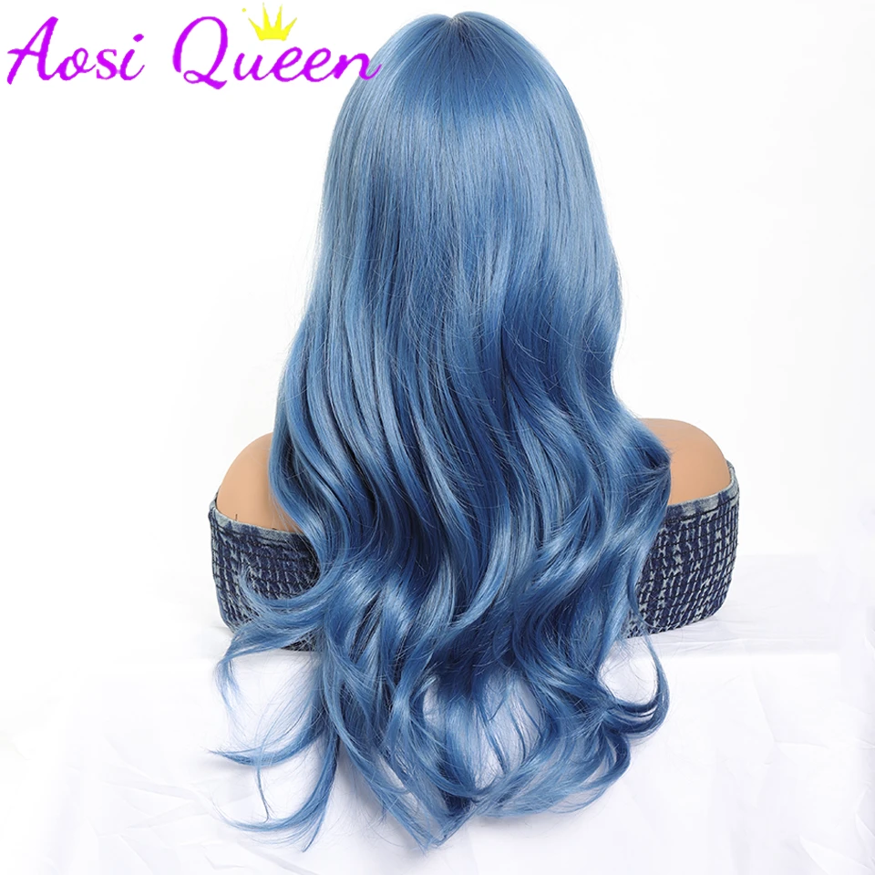 AosiQueen Misty Blue Long Wavy Synthetic Wigs Middle Part Natural Wave Wig Heat Resistant Cosplay Party Daily Hair Wig for Women