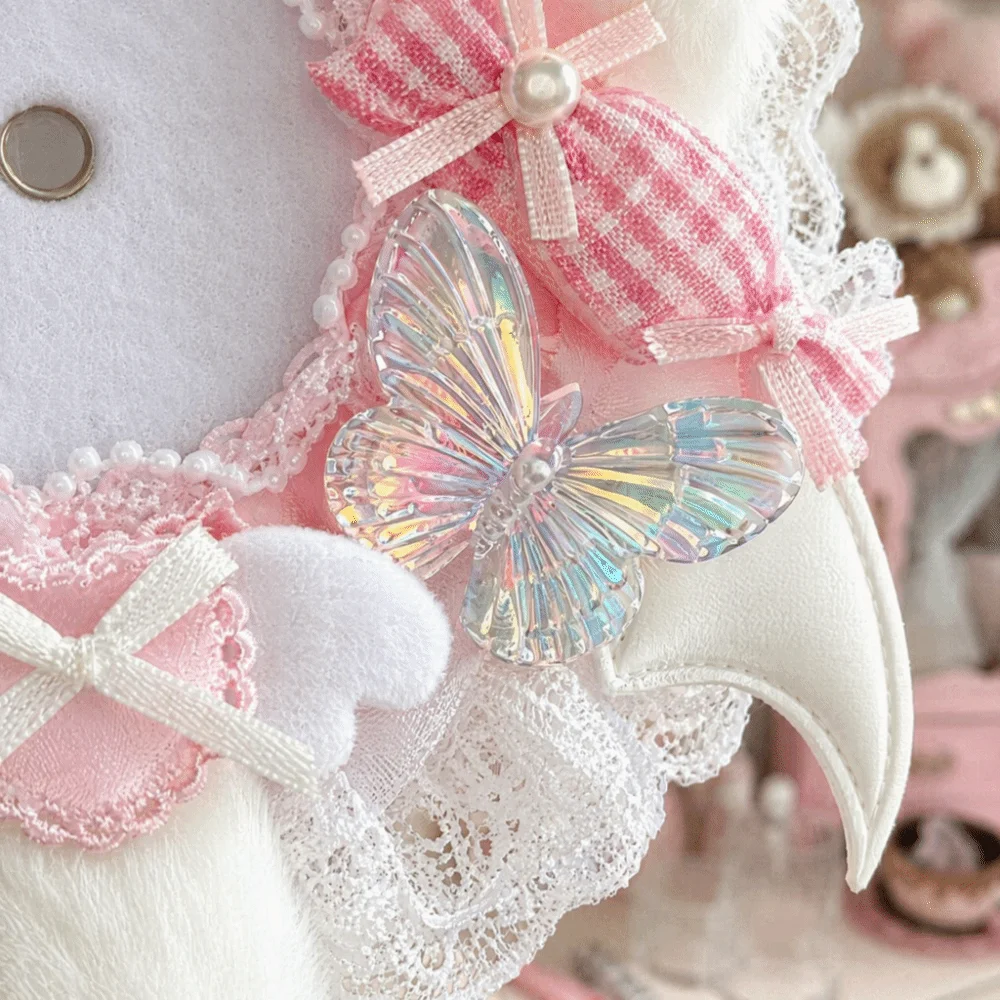 Cute Cat-Ear Shape Badge Display Case Lace Edged Heart Accent Badge Holder Soft White Wings Can Badge Cover Ita Bag