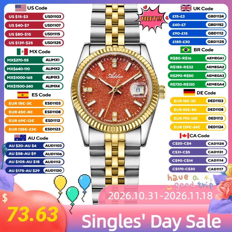 ADDIES Elegant Watch for Women Super Luminous 50M Waterproof Women's Quartz Watch 316L Stainless Steel Goldstone Dial Wristwatch