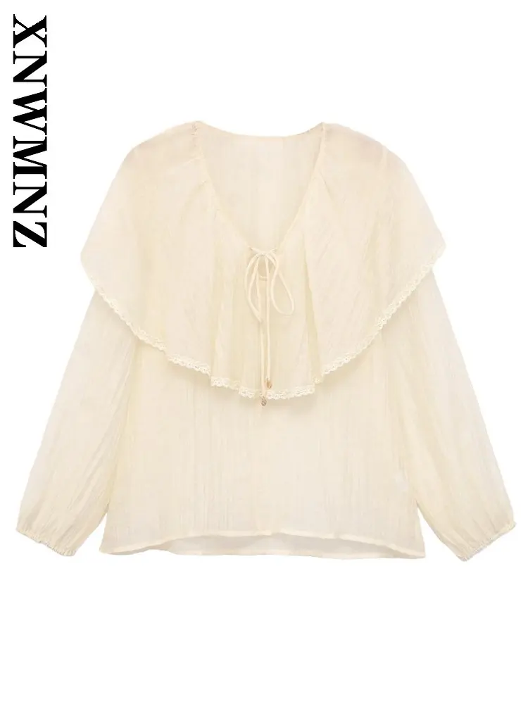 

XNWMNZ 2026 Spring New Woman club Holiday Long Sleeve V-Collar Chiffon Blouse Simple Chic Summer Lady khaki Casual Slim Top Tie