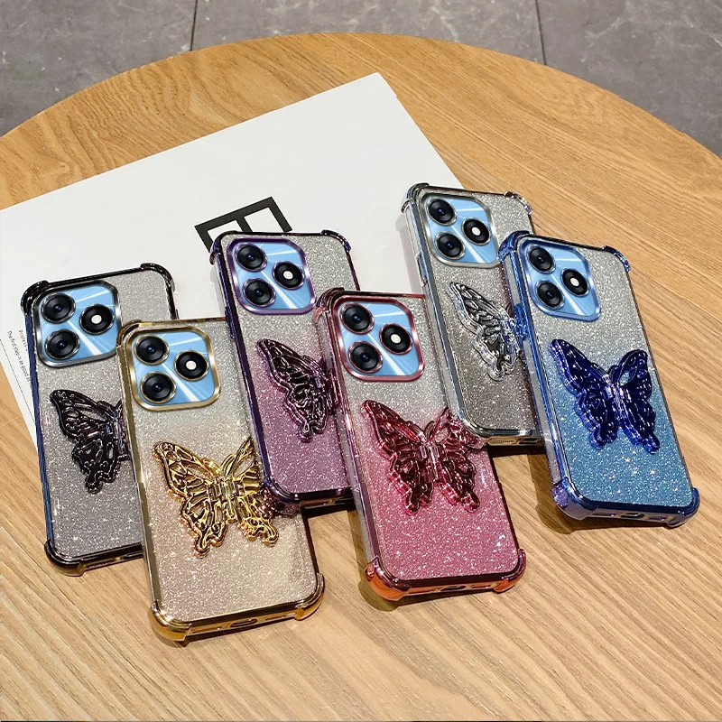 For Itel A70 Tecno Spark 10 10C Phone Case Gold Sparkling Sticker Butterfly Holder Anti Drop Protection Cover For Spark 10CCoque