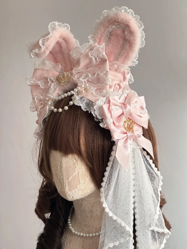 

Japanese original handmade split rabbit ears gorgeous headband girl Lolita butterfly lace pearl knot tea party headgear women