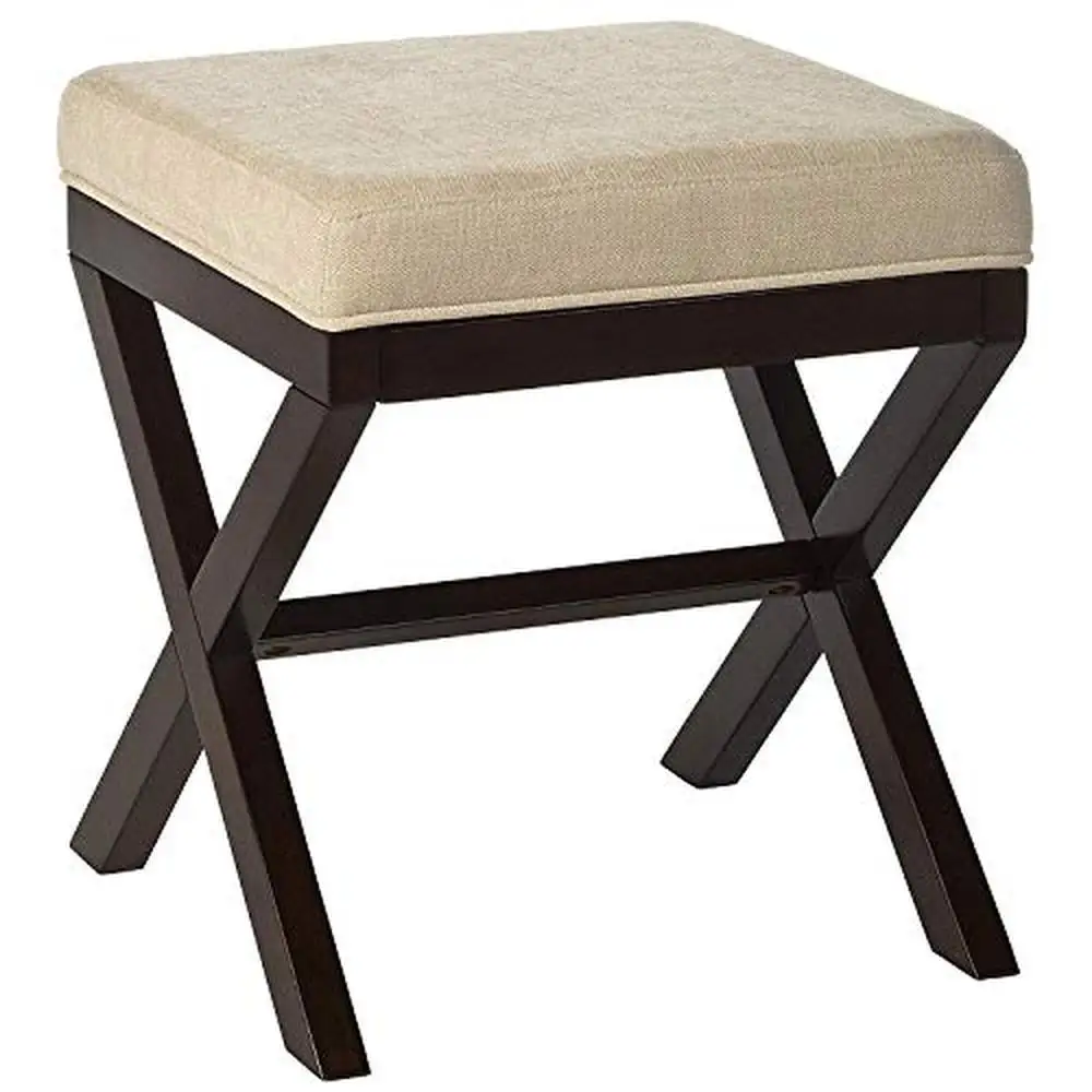 

Wooden Vanity Stool Beige Polyester Ottoman Seat 17x17x18.5" Home Decor