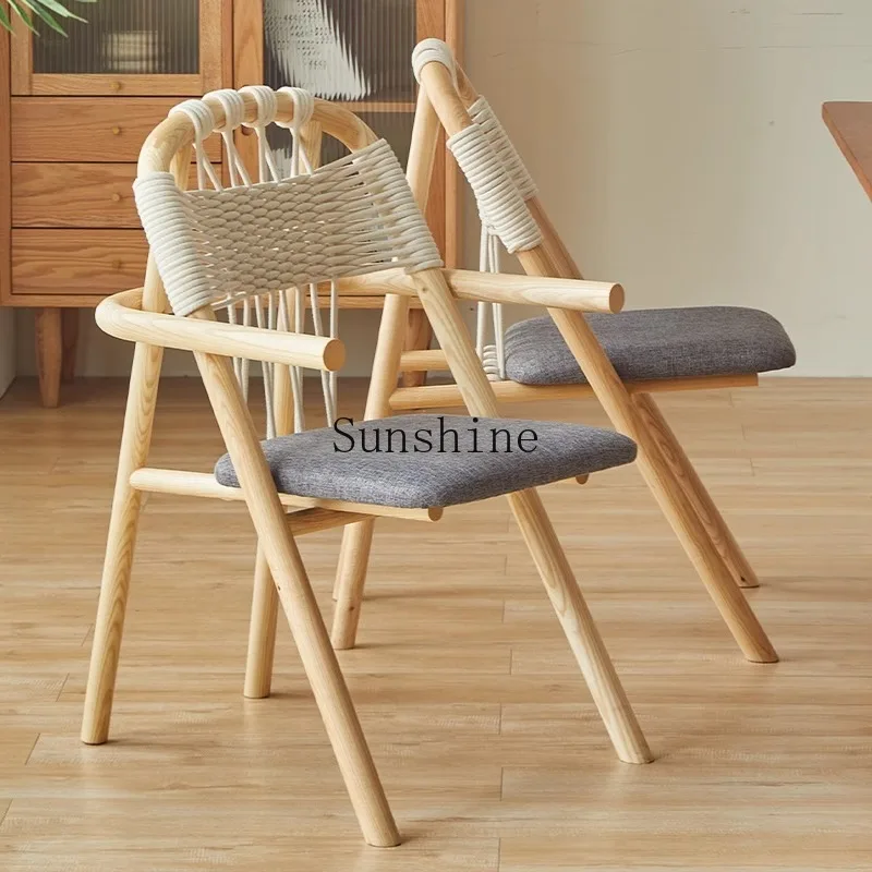 Japanese-style rope-woven dining chair single homestay harp chair design log wabi-sabi wind simple and modern