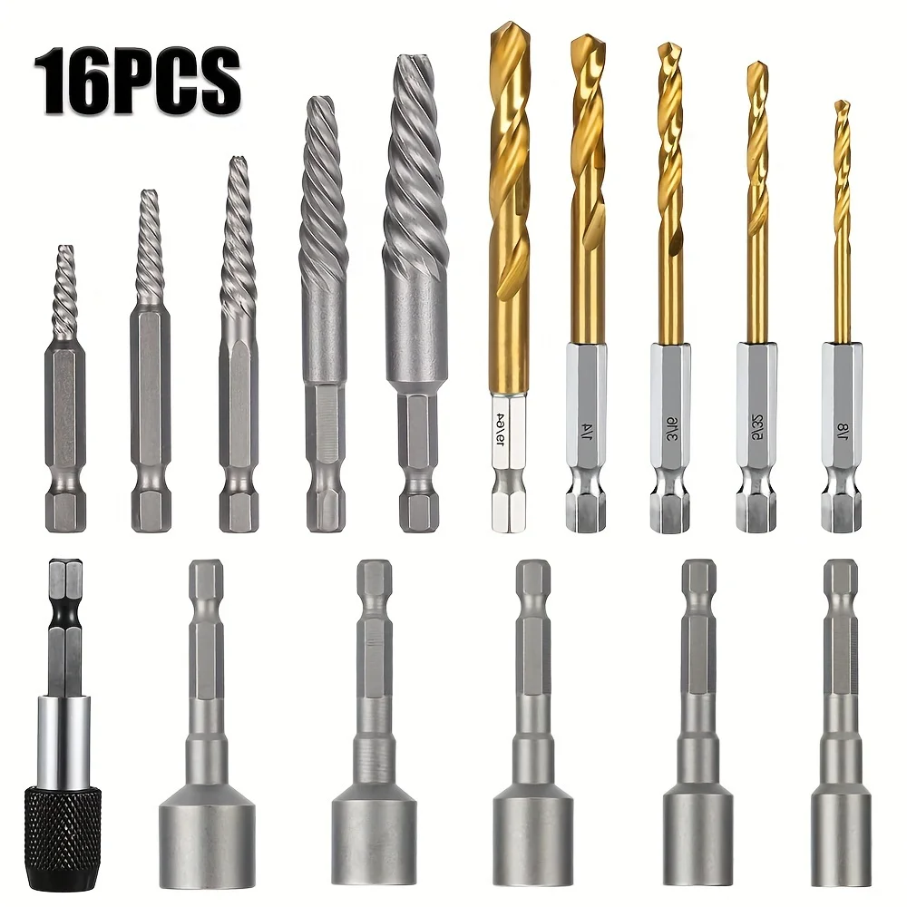 

16PCS Stripped Screw Extractor Set, Broken Bolt Extractor Kit, Left Hand Drill Bit Set For Removing Stripped Screws, Bolts