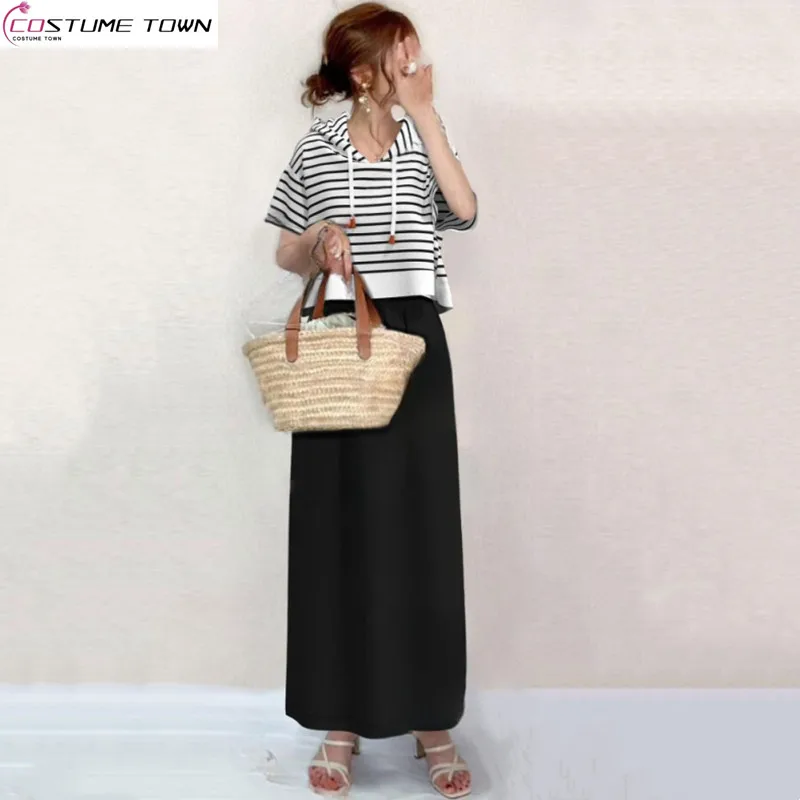 

Spring and summer Korean version new hooded striped top+slim fit skirt fashion two-piece set