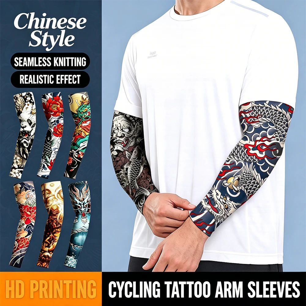 6 Pairs Chinese Style Tattoo Arm Sleeves,Seamless Temporary Tattoo Covers,UV Protection Cooling Arm Covers Cycling Hiking Golf