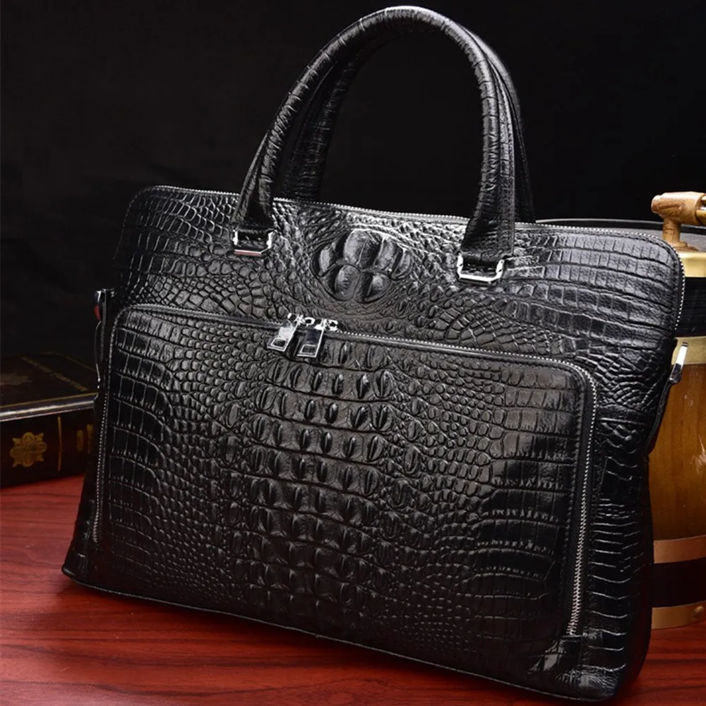 Crocodile Pattern Real Leather Document Handbag Man Business Bag Genuine Cowhide Shoulder Messenger Briefcase Laptop Computer PC