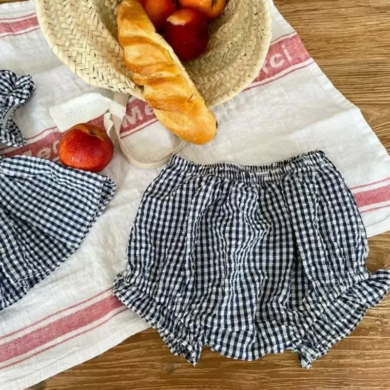 Kids Toddlers Plaid Cotton Smocked Top Shorts Set 2023 Fashion Summer Baby Girl Clothes Set Design Bubble Sleeve Princess Dress