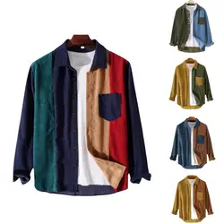 2023  Autumn Cargo Corduroy Men Long Sleeve Casual Patchwork Button Men's Shirts High Quality Overshirt Blouses Male Clothing