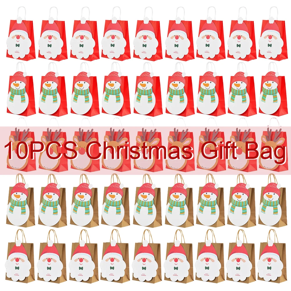 

10PCS Christmas Kraft Paper Gift Bags Reusable Grocery Shopping Bag for Packaging Craft Gifts Wedding Business Retail Party Bags