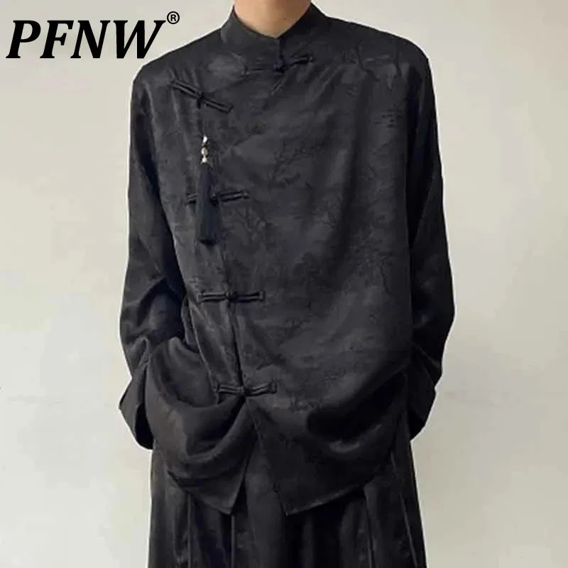 

PFNW Stand Collar Male Shirts New Chinese Style Knot Button Tassel Tops Solid Color Men's Shirt Casual Spring Stylish 9C4639